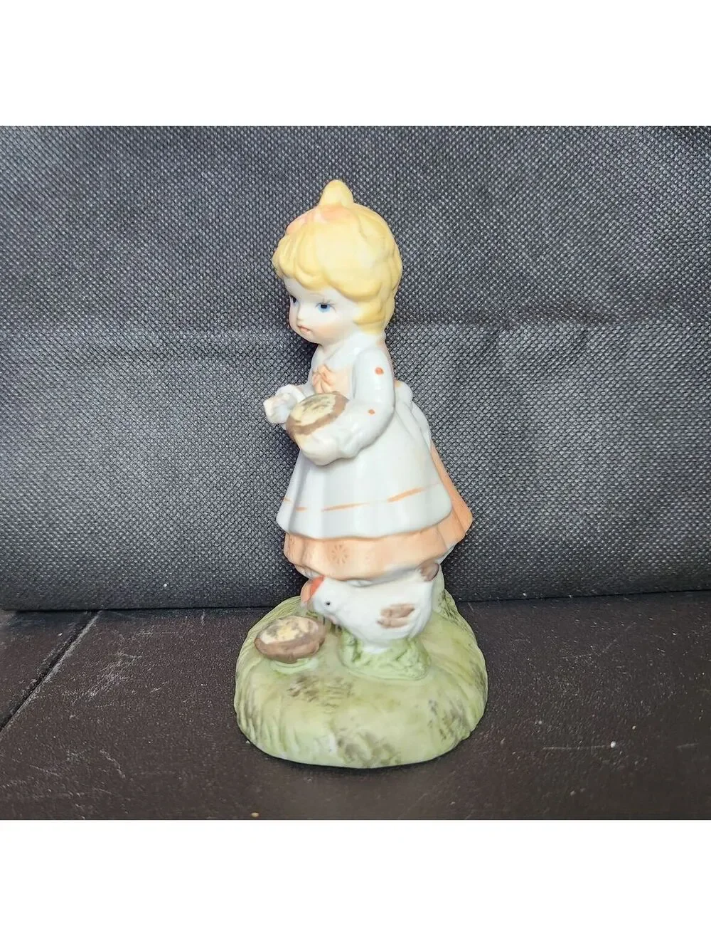 Porcelain Figurine Girl Feeding Chicken White Peach Dress Blonde Bun Farm Hen